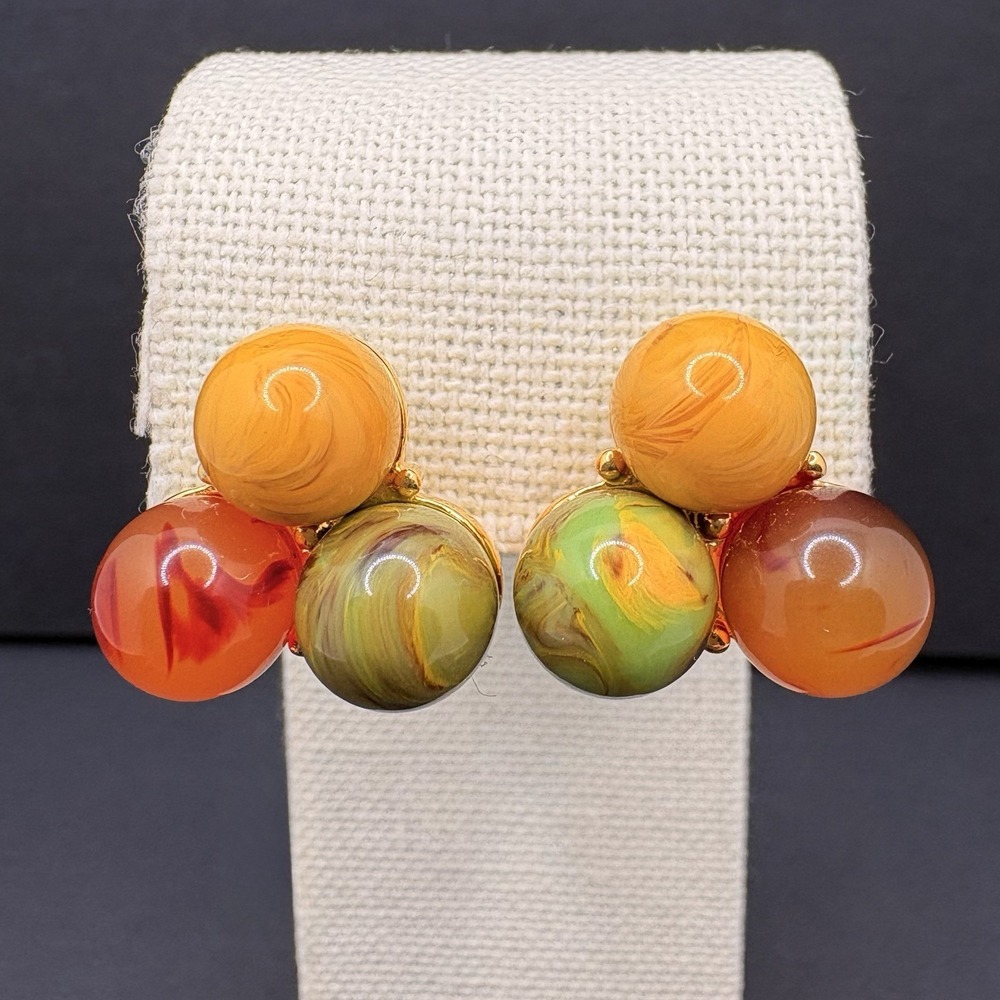 Vintage Joan Rivers Swirl Lucite Beaded Cluster Orb Pierced Earrings Autumn Fall